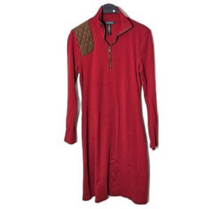 Ralph Lauren Red Dress Sz M Faux Quilted Suede Shoulder Patch Long Sleeves